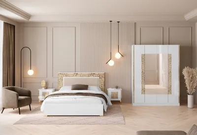 Produktbild von Schlafzimmer-Set Stella 4-Teilig in Weiß/Gold Hochglanz 4-Türig