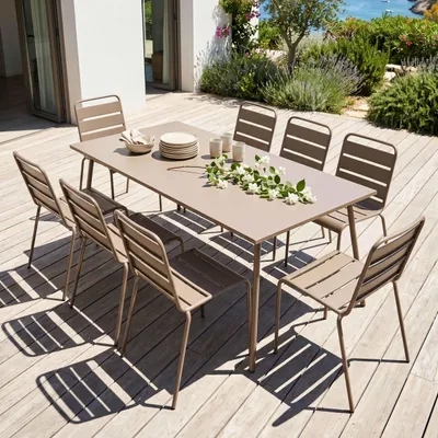 Produktbild von Gartentisch und 8 Stühle aus pulverbeschichtetem Stahl Taupe - Oviala Palavas