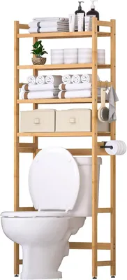 Produktbild von Badregal Yorbay Toilettenregal mit 2 Körben, 4 Ebenen Bambus-Toilettenregal über der Toilette mit Papierhalter und 4 Haken und wasserdichten Fußpolste