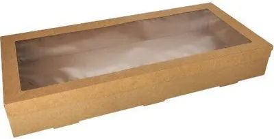 Produktbild von 50 Papstar Transport- und Catering-Kartons, Pappe eckig 8 cm x 25,2 cm x 55,8 cm braun mit separatem Deckel und Sichtfenster aus PET 89017