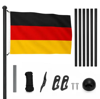 Image de Mât télescopique en aluminium noir, longueur 6,5 mètres, diamètre 50 mm, avec 11 mètres de corde, manchon de sol et drapeau allemand