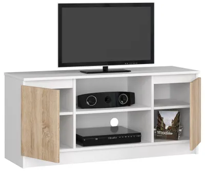 Image de raumhirsch : Meuble TV bas de 120 cm, table de télévision avec 2 portes et 1 compartiment ouvert, meuble TV de 55 cm de haut, modèle CLP