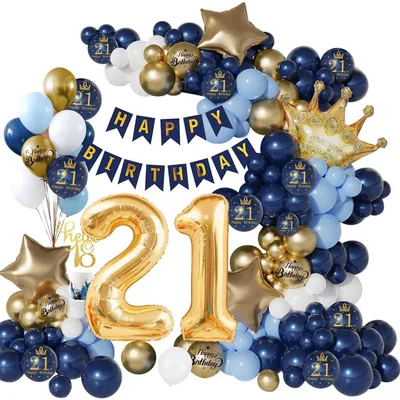 Image de Kit de décoration pour un 21e anniversaire, bleu marine et or, pour garçons et filles : banderole, guirlande, ballons