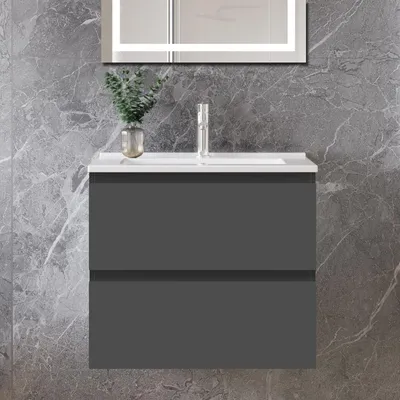 Produktbild von 60 cm Badmöbel-Set Unterschrank mit dünn Keramik waschtisch 2 Schubladen soft-close Anthrazit Matt Selbstmontierter