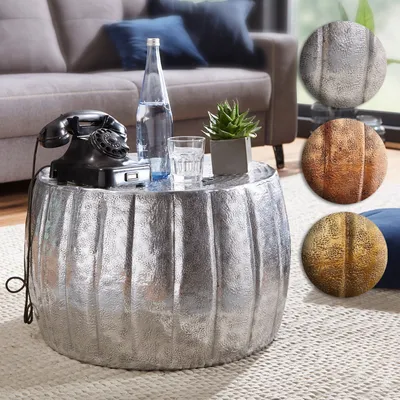 Produktbild von FineBuy Couchtisch 60 x 60 x 36 cm Aluminium Beistelltisch orientalisch rund, Flacher Sofatisch Metall, Design Wohnzimmertisch modern, Loungetisch Stubentisch klein