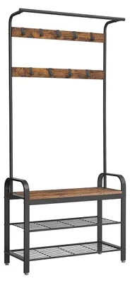 Immagine prodotto di Appendiabiti con ganci e panca – Marrone/nero – Legno e acciaio – 84 x 33,7 x 183 cm
