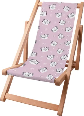 A children's folding deck chair with a pink fabric seat featuring a cute tiger paw print pattern.