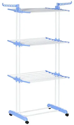 Immagine prodotto di Porta abiti pieghevole su ruote – 4 livelli, 14 ganci | Colore: Blu e Bianco | Dimensioni: 64x73x177 cm