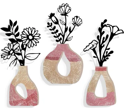 3er-Set Metallvasen mit Blumen, Wanddeko, 16 x 7,3 cm