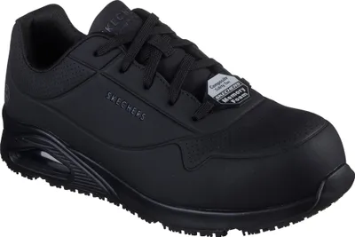 A black Skechers work shoe is shown from a side angle against a white background.