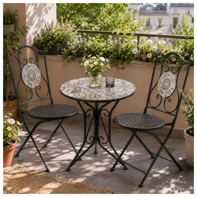 Produktbild von Sitzgruppe Metall schwarz Algier Tisch mit 2 Stühlen Balkon Set mit Motiv