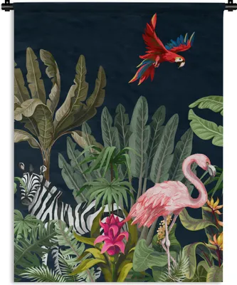 Produktbild von MuchoWow® Wandteppich Wandbehang Dschungel - Pflanzen - Tiere - Kinder - Flamingo - Zebra 90x120 cm Tapisserie Dekoration Wandtuch - Wanddeko