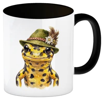 Produktbild von Feuersalamander mit alpenländischem Trachtenhut Kaffeebecher in schwarz