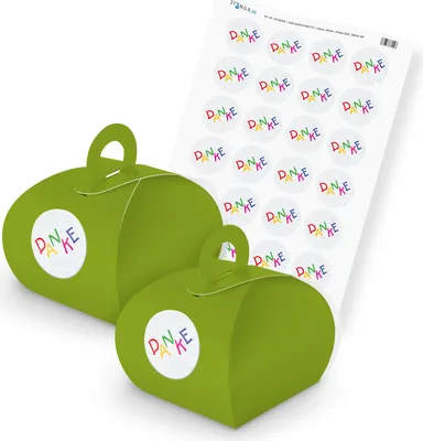 Produktbild von itenga SET DANKE Kids (Motiv 28) 24x Geschenkschachtel mit Griff grün + Stickerb