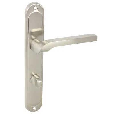 A silver-colored door handle set with a lever and a thumb turn, mounted on a rectangular backplate, is shown against a white background.