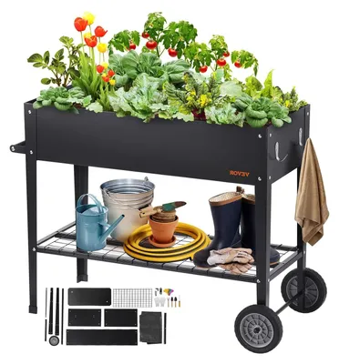 Produktbild von Erhöhtes Blumenbeet – Pflanzkasten mit Füßen – Für Blumen – Mit Rollen – 108 x 495 x 80 cm – Schwarz