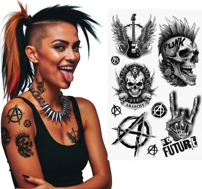 Produktbild von Weltkulturen Anarchie Punk Tattoo Skull Gitarre Karneval Accessoire Temporär Kunst Hautaufkleber, Farbe: Schwarz
