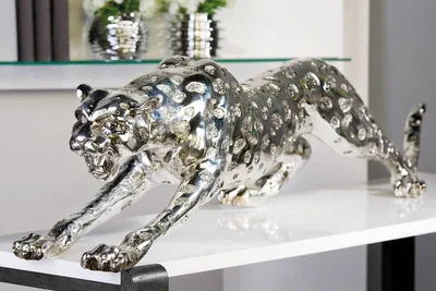 Gepard-Figur aus Kunstharz, silberfarben, 47x145x31 cm