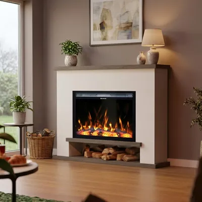 Produktbild von Garlivo Elektrokamin 'CATANIA Weiss/ Wenge' | LED Standkamin in weiss mit Heizung (1500 W) | HxBxT: 116x142x28cm