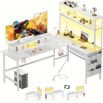 Zdjęcie produktu dla Biurko w kształcie litery L z oświetleniem LED – ergonomiczne biurko do gier i komputerowe biurko z miejscem do przechowywania