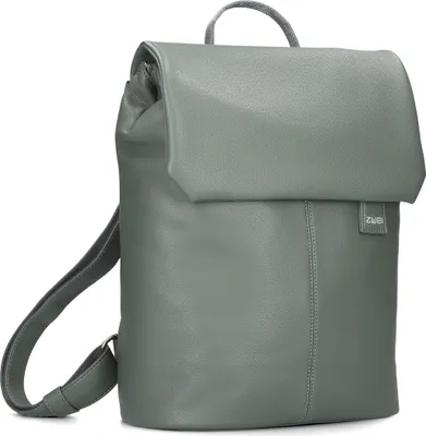 A studio shot of a gray backpack on a white background.