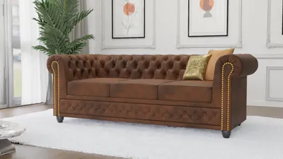 Produktbild von S-STYLE MÖBEL - Vibe - Chesterfield 3 sitzer Sofa mit Schlaffunktion aus Braun Vintage Optik Microfaser mit Holzfüßen, B/T/H: 203 cm/ 86 cm / 72 cm
