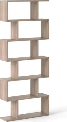 A tall, narrow, modern bookshelf with a zig-zag design, shown against a white background.