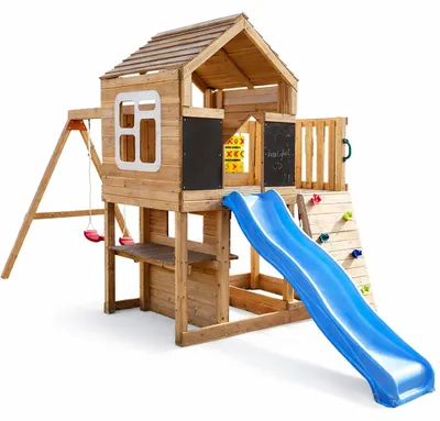 Obrázek produktu pro Velký dřevěný domek pro děti od společnosti GINGER HOME do zahrady, vybavený skluzavkou, dvěma houpačkami, houpačkou a pískovištěm – rozměry 250 × 150 × 267 cm
