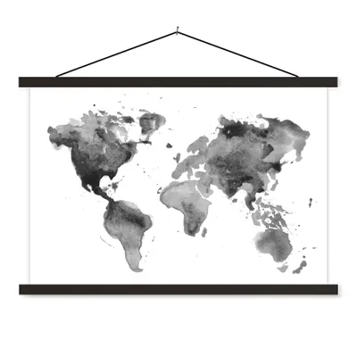 Obrázok produktu pre MuchoWow® Textilný plagát - Mapa sveta - Akvarel - Čierna - Biela - Deti - Chlapci - Dievčatá - 60x40cm - S čiernymi lamelami