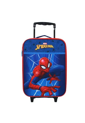 A Spider-Man themed rolling suitcase against a white background.
