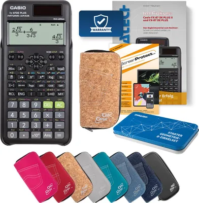 Produktbild von Casio FX-87 DE Plus II Taschenrechner mit Tasche kork, Folie, Buch und Zirkel Set