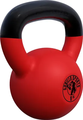 A red and black kettlebell is shown against a white background.