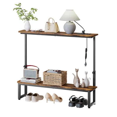 Produktbild von Yorbay Schmaler Konsolentisch mit 2 Ablagen & integrierten Steckdosen | 100x18x63/88 cm | Höhenverstellbarer Sofatisch für schmale Räume