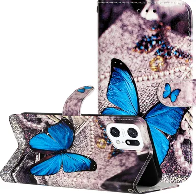 Produktbild von CLM-Tech Hülle kompatibel mit Oppo Find X5 Pro - Tasche aus Kunstleder - Klapphülle mit Ständer und Kartenfächern, blauer Schmetterling