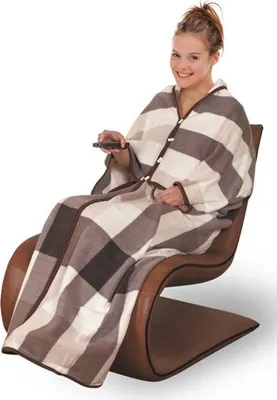 Zdjęcie produktu dla Ponczo, kocobluza, koc polarowy, zapinany, narzutka, kołdra, pled, w kratę, 2w1