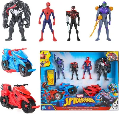 Produktbild von Set Mit 4 Figuren Spiderman Venom Goblin Miles Morales +2 Fahrzeuge +Zubehör F2907