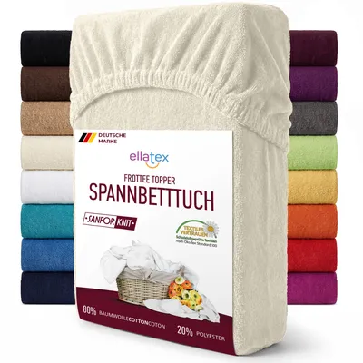 Produktbild von EllaTex FROTTEE TOPPER Spannbettlaken 180x200 – 200x200 Baumwolle – warm, langlebig & saugstark, Spannbetttuch für Topper bis 12 cm, in Farbe: Creme