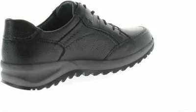A black leather shoe is shown from the side against a white background.