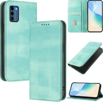 Image de Etui pour Nokia C300, étui en cuir vintage avec protection RFID, fentes pour cartes, support Turquoise