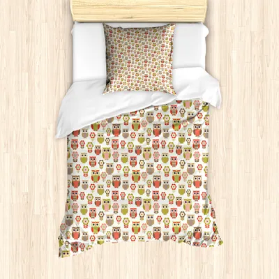 Produktbild von ABAKUHAUS Eulen Mantele, Retro Kindisch Blumen, Milbensicher Allergiker geeignet mit Kissenbezügen, 135 cm x 200 cm - 80 x 80 cm, Mehrfarbig