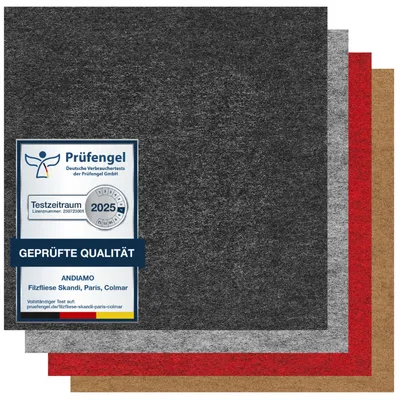 Selbstklebende Filzfliese anthrazit, mit Prüfengel-Siegel & Farbmustern in grau, rot, beige.
