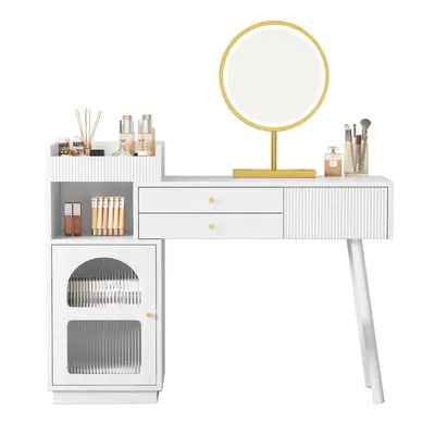Productafbeelding van Make-up tafelset met LED-spiegel en 3-kleurenverlichting, houten make-up tafel met 3 lades en een zijkast, uitschuifbaar design (zonder kruk), wit, 120 cm, 40 cm, 90 cm, spaanplaat