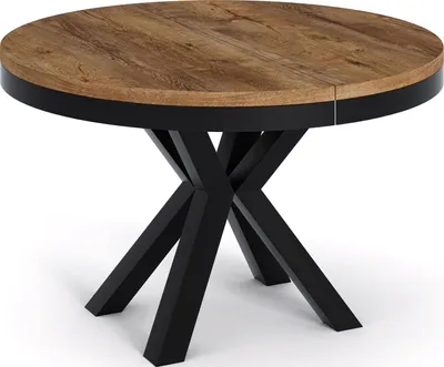 Produktbild von Runder Ausziehbarer Esstisch im Loft-Stil - Industrieller Tisch mit Schwarzen Metallbeinen - Platzsparender Tisch für Wohnzimmer - Lefkas Eiche - 120 cm