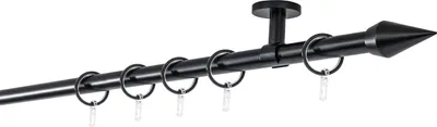 A black curtain rod with rings and a ceiling mount, shown against a white background.