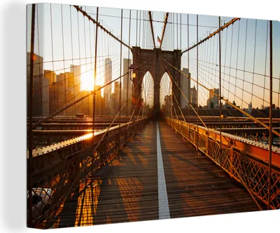 Produktbild von OneMillionCanvasses® - Leinwandbilder - 140x90 cm, Brooklyn Bridge in New York bei Sonnenuntergang, Wandbilder Kunstdruck Wanddekoration