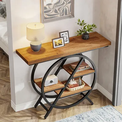 Obrázek produktu pro Konferenční stolek – úzký, vhodný do chodby nebo jako odkládací stolek – 4 police – industriální design – 100x30x81 cm – světle hnědý