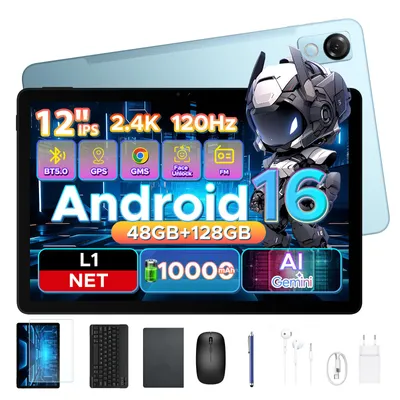 Obrázek produktu pro POCKAM P12: Tablet s operačním systémem Android, 16 palců, 48 GB RAM (8 + 40 GB), 128 GB interní paměti (rozšiřitelné o 2 TB pomocí karty TF), 12palcový tablet s dotykovým perem, klávesnicí a myší, 90 Hz, baterie 8800 mAh, technologie Gemini AI, podpora Widevine L1