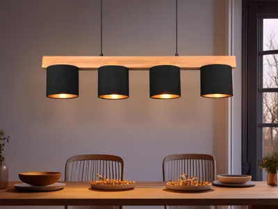 Produktbild von Pendelleuchte mit Holz-Balken & 4 Stoffschirme Schwarz Gold für über Esstisch