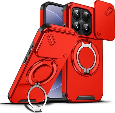 Obrázek produktu pro Dvouvrstvé pouzdro pro Xiaomi 17, posuvným krytem fotoaparátu a magnetickým kroužkovým stojánkem Červený