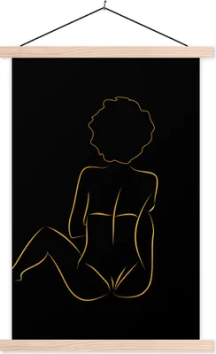 Produktbild von MuchoWow® Textilposter Frau - Schwarz - Gold - Strichzeichnung 40x60 cm mit holzfarbenen Rahmen - Poster